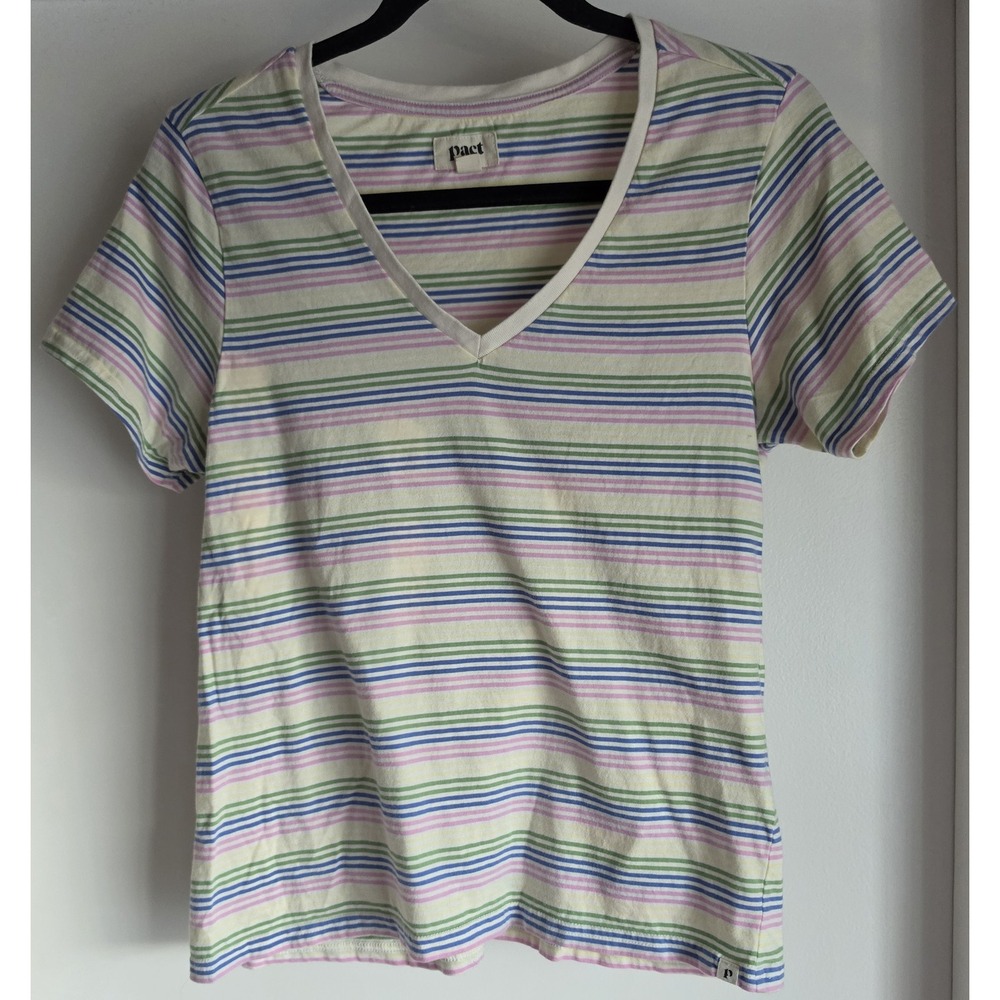 Pact Women's M Striped V-Neck Short Sleeve T-Shirt Cotton Casual Tee Top